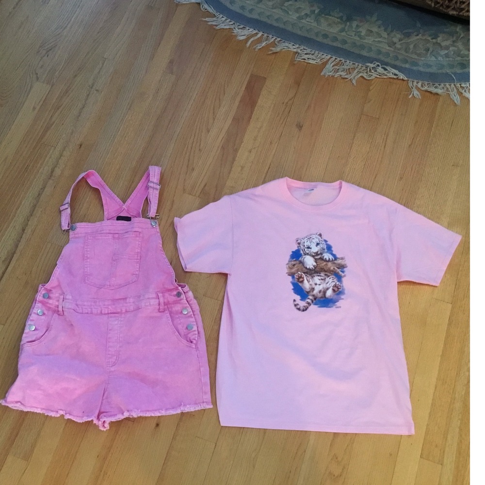 No Boundaries‎ Pink Denim Shortalls XL 15-17 and White Tiger Graphic T-Shirt Set